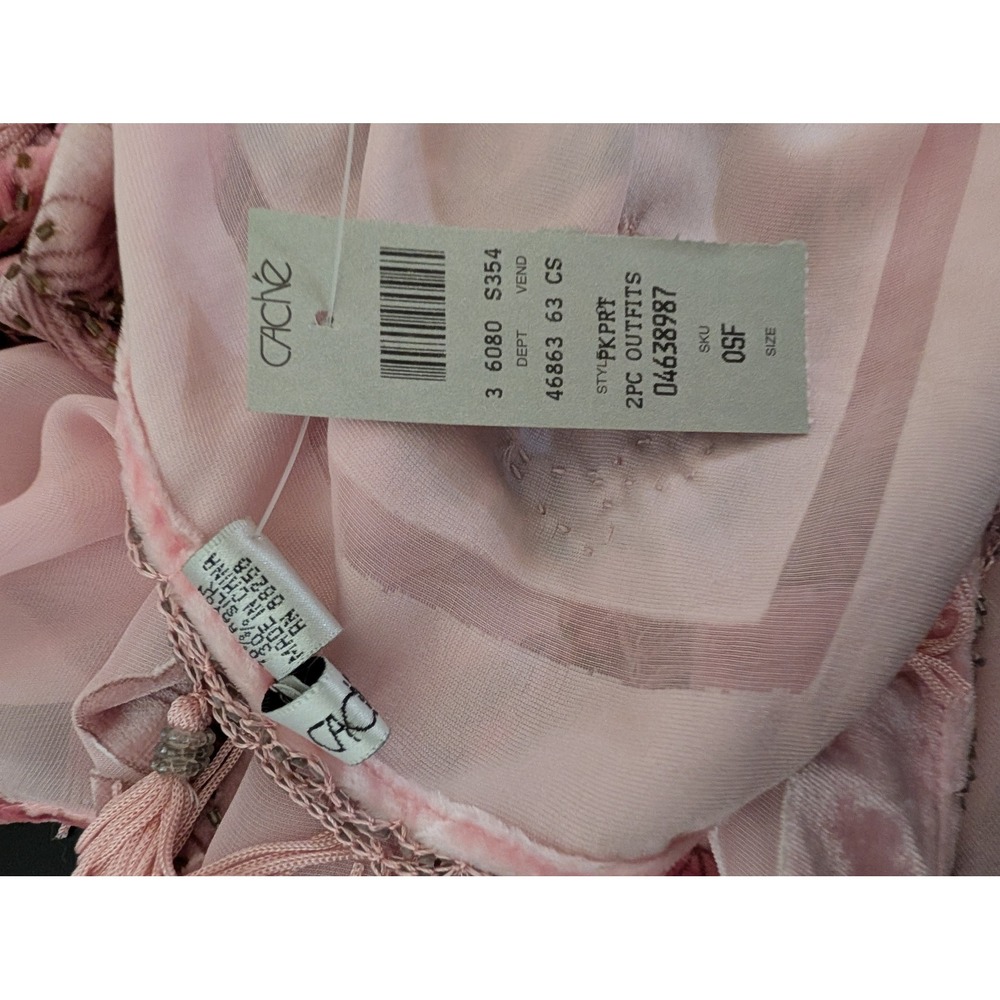 Cache Pink Floral Devore Burnout Velvet Poncho Beaded Tassel Fringe Silk OS NWT - Picture 6 of 7